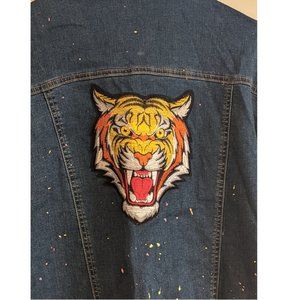 distressed Tiger patch long denim jacket